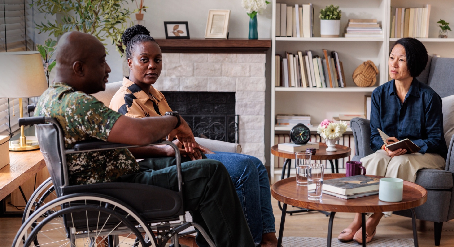 A therapy session with a clinician and clients